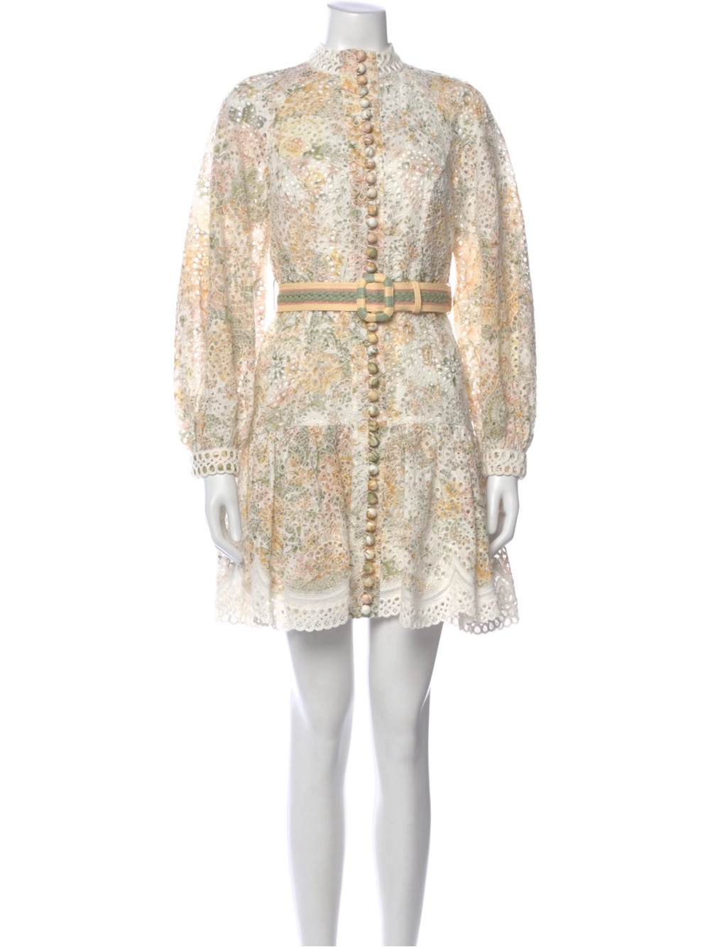 Zimmermann White Lace Mini Dress with Gold and Green Paisley Embroidery